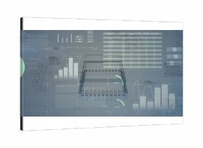 Displaying wireframe schematic in center of virtual dashboard, with bar charts, tables and % gauges