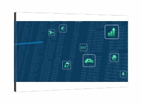 Floating green icons showing faucet euro CO? bar chart plug hand drop climber on digital dashboard