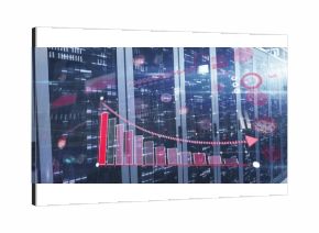 Displaying red-pink bar chart over server racks at data center with blinking LEDs, virus icons
