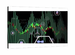 Data dashboard displaying bar chart in interface, with candlestick markers, code snippet, hex icons