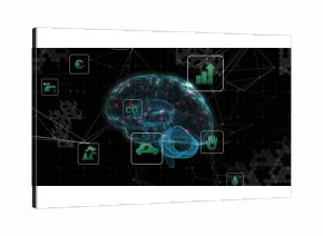 Floating holographic brain model pulsing in data space, with CO2, lightning and bar chart icons