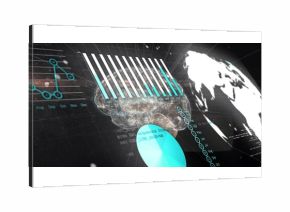 Floating 3D brain rotating in digital interface, with bar and line charts, pie chart, world map