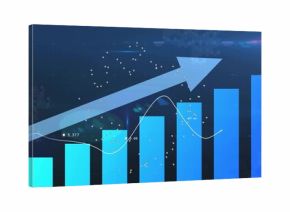 Displaying upward-trending bar chart on digital dashboard, with line graph data labels and arrow