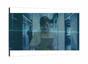 Interacting businesswoman tapping tablet in corporate hallway, with data overlay and numbered doors