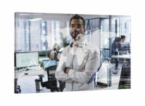 Standing Middle Eastern man crossing arms in open plan office, with digital world map overlay