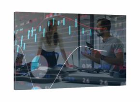 Collaborating team of five professionals reviewing financial charts in modern office, with drone