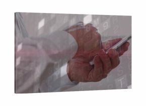 Holding senior Japanese executive in shirt and tie tapping smartphone at office with code overlay