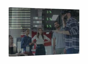 Middle Eastern man in plaid shirt with VR headset gesturing in open-plan office, copy space