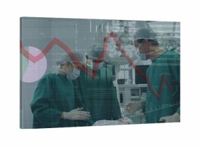 Performing surgery surgical team working in OR in green scrubs, with lights monitors financial data