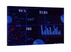 Displaying analytics dashboard on grid interface, with blue pie charts, bar chart and numeric stats