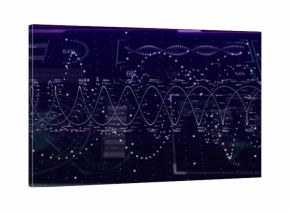 Displaying central dotted waveform on holographic dashboard, with gauge, bar charts, numeric labels