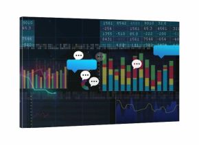 Displaying chat bubble icons with ellipsis on dark grid, bar and line graphs, pie segment, tables