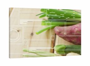 Showing scallions, sweet potato, zucchini, ginger and okra overlaying UI on wood table, copy space