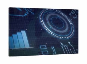 Projecting HUD interface on control panel, with bar chart, circular gauge, circuit-trace graphics