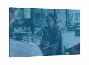 Wheelchair user leading team discussion holding tablet in office lounge, featuring digital overlay