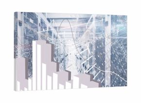 Displaying large 3D bar chart model emerging within modern data center corridor, with server racks