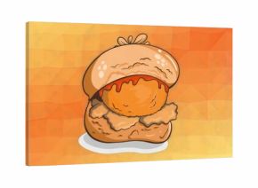Showcasing fried chicken sandwich with sesame-seed buns dripping red sauce on polygonal backdrop