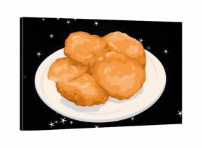Floating golden brown chicken nugget cluster hovering in cosmic backdrop, with white round plate