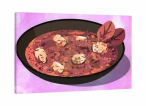 Showing red tomato stew in black pan on purple background with white chunks and basil