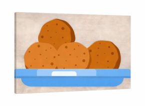 Presenting blue rectangular tray holding three round brown fritters on textured beige backdrop