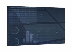 Displaying translucent dashboard floating above grid plane, showing line graph and bar chart