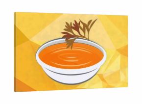 Displaying white ceramic bowl holding smooth orange soup on warm polygon mosaic, with herb garnish