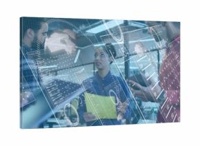 Five professionals collaborating on data in office, with display, yellow folder, tablet, smartphone