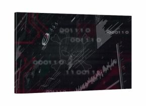 Displaying ghostly skull-crossbones hovering over cyber dashboard, with binary and rising chart