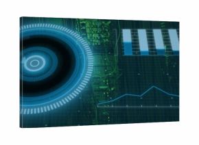 Rotating big circular HUD scanning digital dashboard, with bar chart and circuit traces, copy space