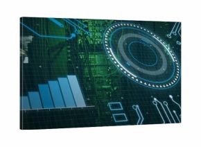 Displaying digital HUD overlay over data center racks, showing blue bar chart and circular gauge