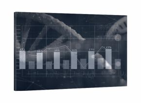 Displaying translucent bar chart with overlaid line graph in lab, showing DNA helix, numeric labels