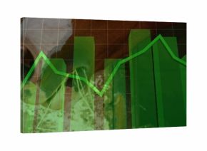 Overlaying partial face merging with green bar chart and jagged line graph in graphic layout