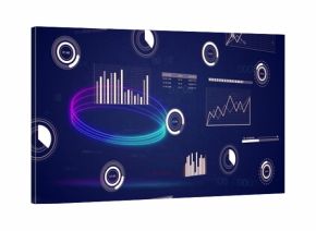 Displaying neon multicolor torus ring encircling vertical bar chart on navy dashboard, with gauges