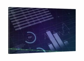 Displaying layered data dashboard on screen, showing index table, 69% gauge, bar chart, green line