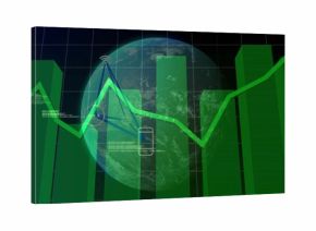 Showing composite financial dashboard featuring green 3D bar chart and neon line graph, with globe