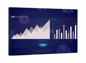 Displaying dual-panel dashboard on blue screen, showing area peaks, bar chart, percent labels, HUD