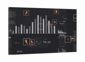 Displaying central vertical bar chart rising on dark grid dashboard, with orange callouts