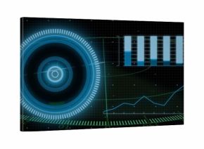 Displaying large HUD target, radial ticks and ring on left grid, showing bar and line charts