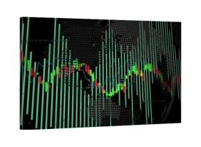 Displaying neon candlestick and teal bar charts on virtual trading dashboard, showing dotted globe