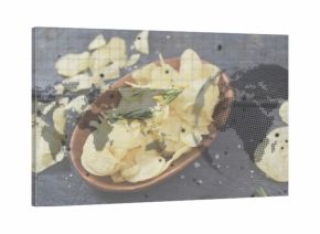 Displaying wood bowl rippled potato chips spilling across dark table, rosemary, salt, map overlay