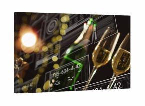 Showing two champagne flutes bubbling on right in party bar, green bottle, HUD readouts, copy space