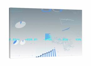 Displaying blue bar-and-line chart with markers on dashboard, showing pie charts and cyan labels
