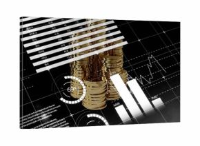 Displaying shiny gold coin stacks on digital dashboard, showing gauges, bar and line charts