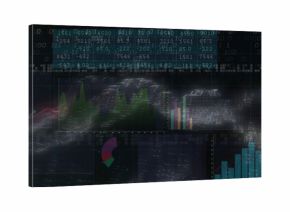 Displaying centered digital HUD showing translucent panels, bar charts, line graphs, binary digits