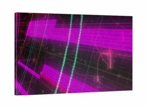 Displaying magenta neon bar array rotating in virtual 3D interface, with concentric ring and grid