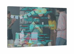 Clapping coworkers celebrating in kitchen, opening wrapped gifts with cake and code overlay