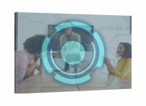 Laughing coworkers in plaid, polka-dot and mustard tops meeting around table in office, with HUD