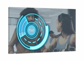 Talking coworkers wearing brown shirt and grey tank, leaning at office counter with blue holo 91