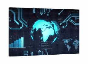 Showing stylized glowing globe pulsing over dark grid dashboard, with circuit traces and bar chart