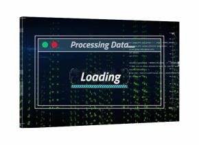 Displaying central white-framed dialog box on virtual interface, showing teal-striped progress bar